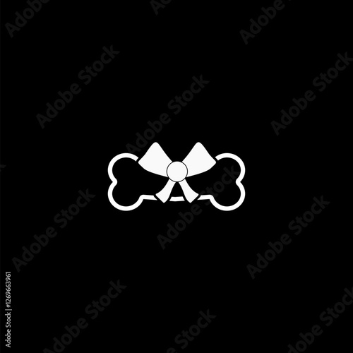 Pet shop. A dog bone with a ribbon bow icon isolated 
 on black .