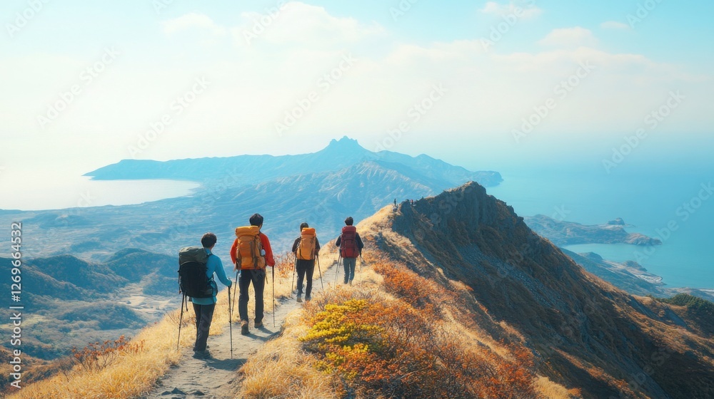 Obraz premium A group of hikers on the rim of Hallasans crater, with sweeping views of the surrounding volcanic landscape and distant ocean in the background