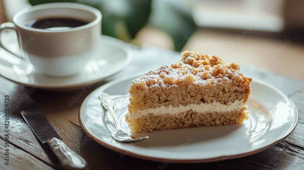 Soft Butter Cake Slice with Crumb Topping and Coffee Background Soft Butter Cake Slice with Crumb Topping and Coffee Background