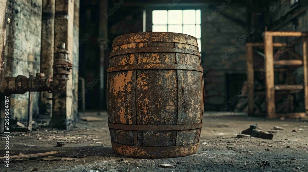 Dented Metal Barrel in an Old Warehouse Surrounded by Dust and Debris Dented Metal Barrel in an Old Warehouse Surrounded by Dust and Debris