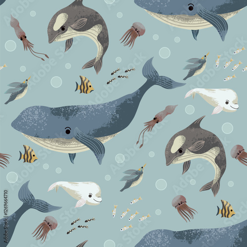 Seamless pattern with sea habitants such as fishes, jellyfishes etc. Vector.