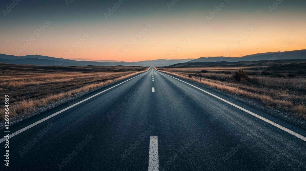 Deserted Highway with Dark Freshly Laid Asphalt and Dusk Sky Deserted Highway with Dark Freshly Laid Asphalt and Dusk Sky