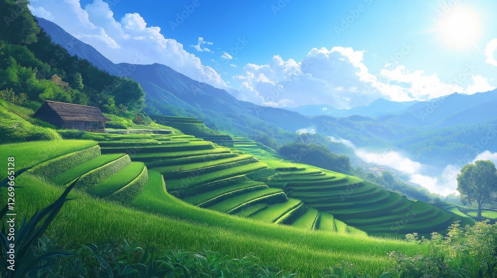 beautiful landscape of a rice terraced field in a mountainous area. The terraced fields are arranged in neat rows, with rows of green plants covering the entire landscape beautiful landscape of a rice terraced field in a mountainous area. The terraced fields are arranged in neat rows, with rows of green plants covering the entire landscape