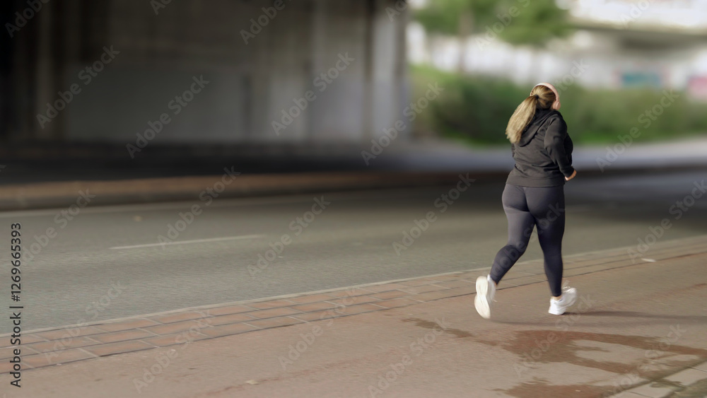 Curvy woman running outdoors in the city listening to music
