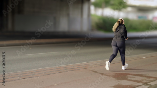 Curvy woman running outdoors in the city listening to music