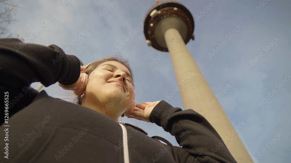 Young latin woman enjoying music with headphones in madrid near piruli tower