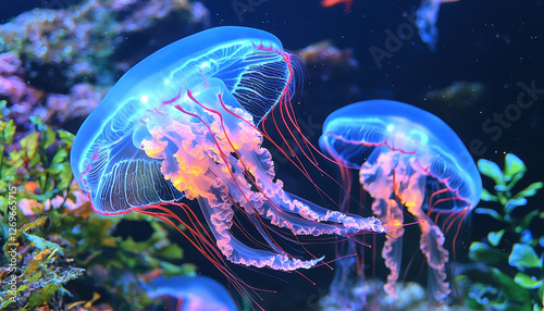 Glowing jellyfish with vibrant tentacles in aquarium setting