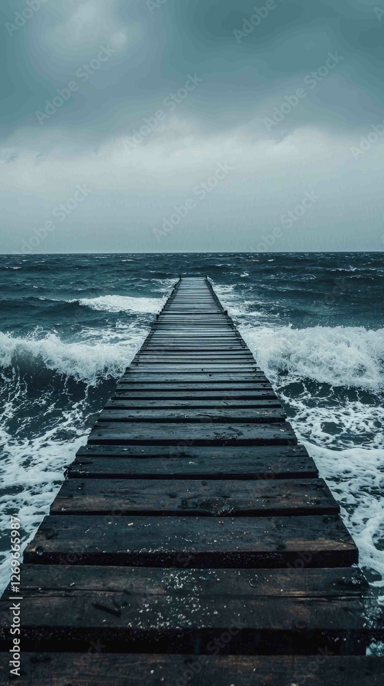 Fototapeta premium Desolate Pier Stretching Into Windy Stormy Ocean Waters