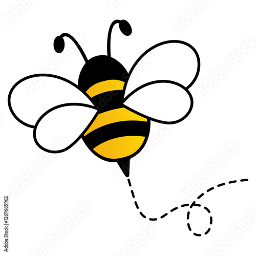 Cute bee flying on dotted route. Busy insect path. Vector illustration isolated on white.