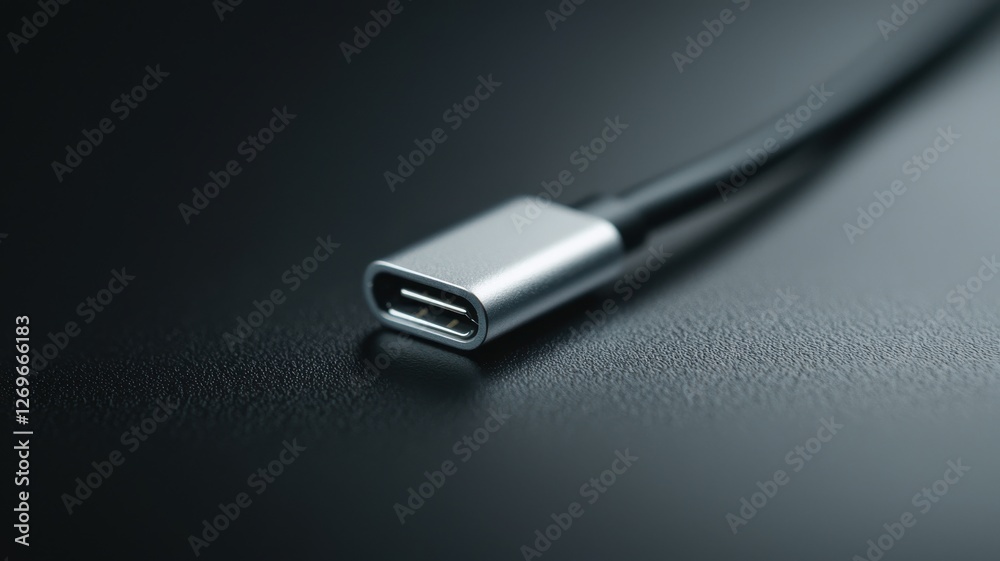 Fiber optic cable. Close-up of a USB-C cable connector on a dark background. Fiber optic cable. Close-up of a USB-C cable connector on a dark background.