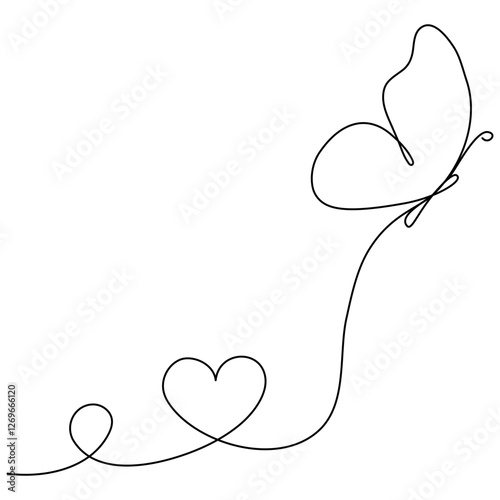 Cute butterfly insect with curve line and heart shape. Butterfly flying continuous line art drawing. Vector illustration isolated on white.