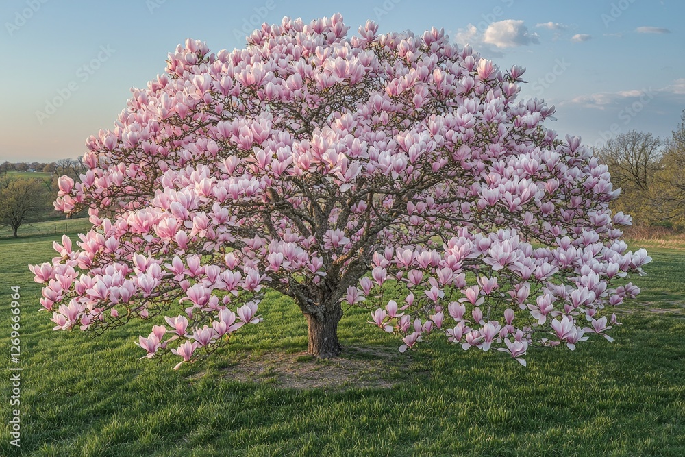 stunning magnolia tree bursts large pastel pink and white petals creating beautiful canopy over grassy field as radiant sunlight bathes scene in warm tones. stunning magnolia tree bursts large pastel pink and white petals creating beautiful canopy over grassy field as radiant sunlight bathes scene in warm tones.