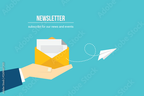 Newsletter. vector illustration of email marketing. subscription to newsletter, news, offers, promotions. a letter and envelope. subscribe, submit. send by mail.	