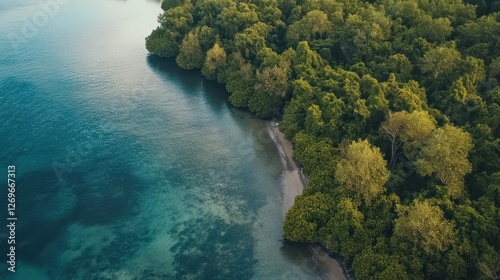 Aerial View of Lush Green Forest Meeting Turquoise Ocean Water