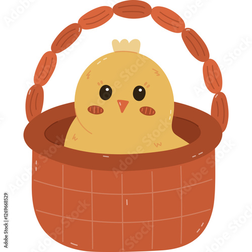 Lovely cartoon Easter chick character sitting in simple basket. Cute hand drawn baby chicken as sign of traditional springtime holiday. Funny farm bird, poultry isolated on white background.