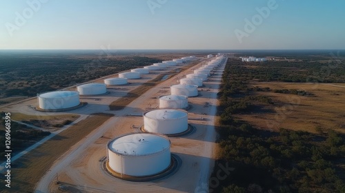 Aerial View of Numerous White Storage Tanks in a Row photo