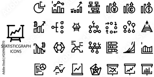 Statistic graph simple concept 28 icons set. Contains such statistics, survey, prediction, analysis, chart, graph, growth and presentation and more .Vector illustration.