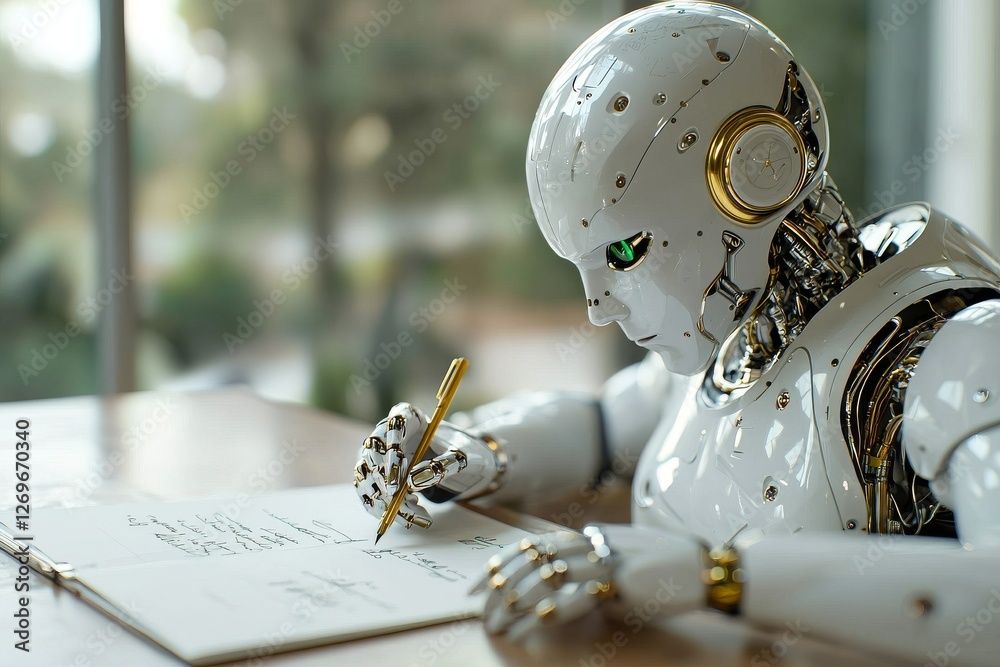 Fototapeta premium The Chatgpt bot writes answers using a pen on paper, Stock