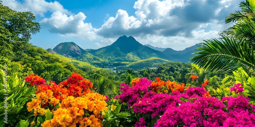 Obraz premium Vibrant Tropical Landscape with Blooming Flowers and Lush Mountains