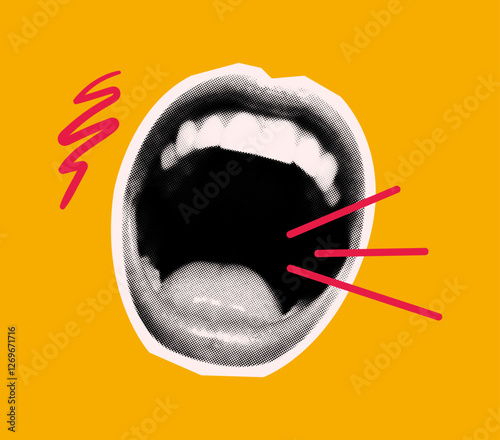 Retro pop art collage featuring an open mouth with halftone texture and graphic elements on yellow