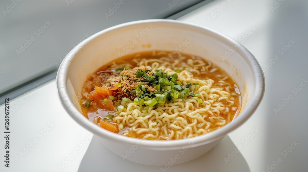 Close up shot of plate with instant noodles at a convenience store in Seoul. Close up shot of plate with instant noodles at a convenience store in Seoul.