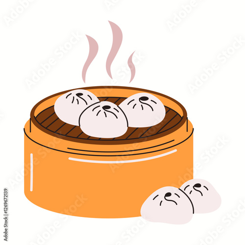 Illustration of freshly steamed Asian dumplings served in a traditional bamboo basket, releasing hot steam and ready to eat, depicted in a modern vector style.