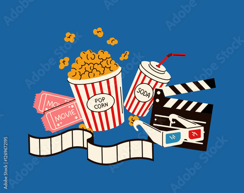 Illustration of a classic movie night setup featuring popcorn, soda, film tickets, and a clapperboard, designed in a fun and modern vector style.