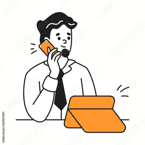 Office worker with phone and tablet orange color linear icon. Managing tasks in dynamic and work environment character doodle illustration