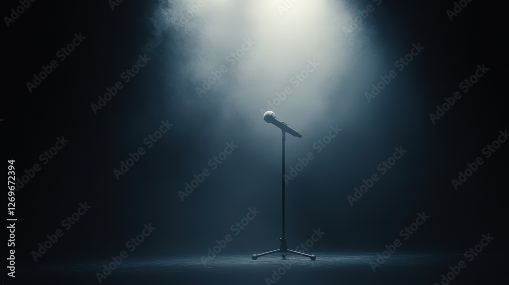 A microphone on a stand is illuminated by soft light in a foggy atmosphere, creating a dramatic setting, Ideal for themes of music, performance, podcasts, or public speaking, A microphone on a stand is illuminated by soft light in a foggy atmosphere, creating a dramatic setting, Ideal for themes of music, performance, podcasts, or public speaking,