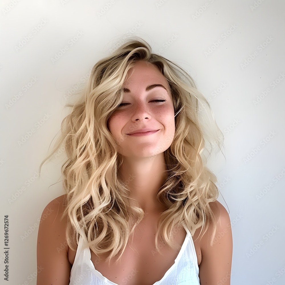 Fototapeta premium Cheerful Blonde Woman with Captivating Smile Against Clean White Background