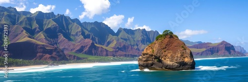 A stunning aerial view of Maui, Hawaii showcasing a tropical island paradise with vibrant blue ocean water, lush green mountain landscape, and a big rock in the sea, waves, clear sunny day, big rock photo
