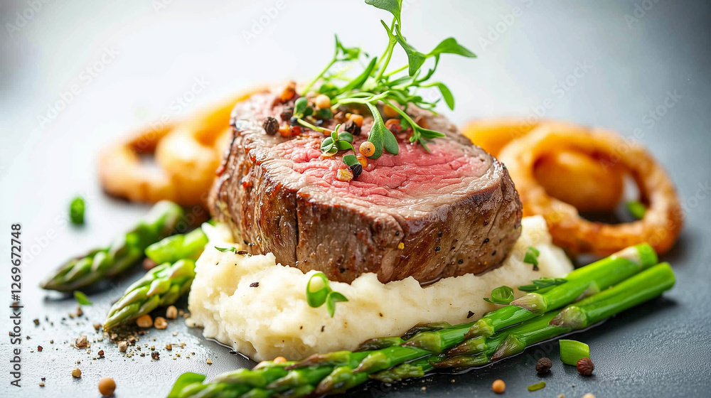 Medium-rare beef tenderloin with French mustard sauce, garnished with shallots, mashed potatoes, decorated in art food style with onion rings, microgreens, asparagus. artistic presentation of products Medium-rare beef tenderloin with French mustard sauce, garnished with shallots, mashed potatoes, decorated in art food style with onion rings, microgreens, asparagus. artistic presentation of products