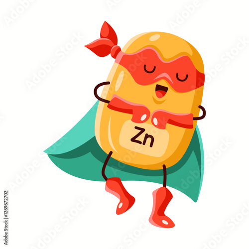 Illustration of a zinc superhero character wearing a red mask, red gloves, and a green cape, symbolizing immunity and skin health benefits.