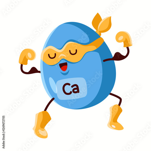 Illustration of a calcium superhero character flexing muscles, representing its importance in strong bones, teeth, and overall body health.