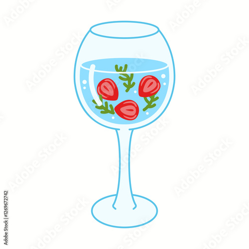 Illustration of an elegant wine glass filled with water, floating strawberries, and fresh herbs, symbolizing healthy and flavorful hydration.