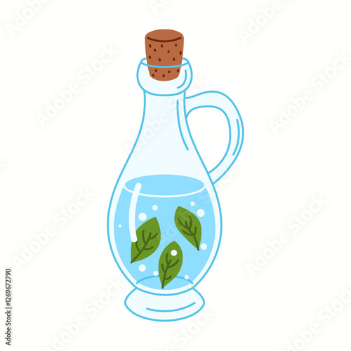 Illustration of a glass jug filled with fresh water and green leaves, emphasizing herbal infusion and natural hydration benefits.