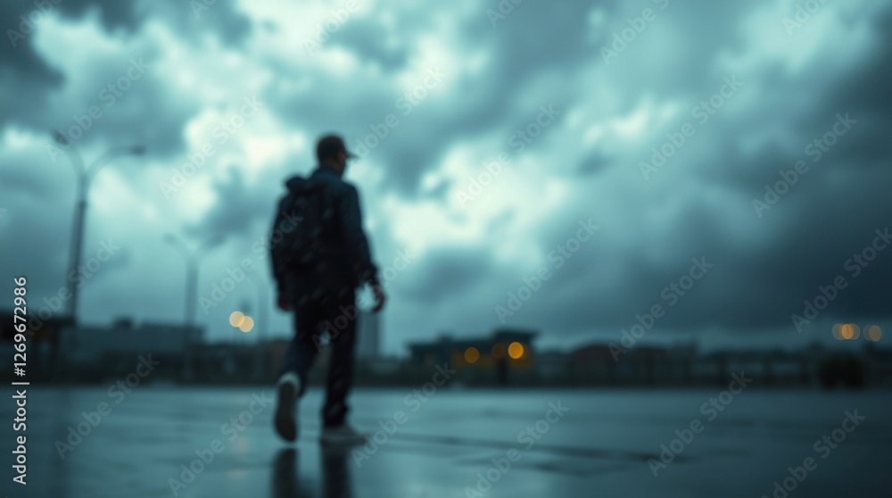 Man walking alone under dark storm clouds in an urban setting during evening hours Man walking alone under dark storm clouds in an urban setting during evening hours