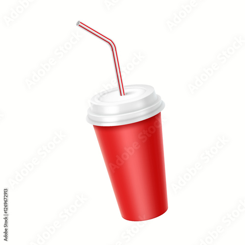 3D realistic illustration of a red takeaway soda cup with a lid and striped straw. A common beverage for movie theaters, fast food, and soft drink advertising.
