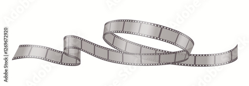 Realistic 3D illustration of a curved film strip, symbolizing movie production, cinematography, and vintage filmmaking techniques.