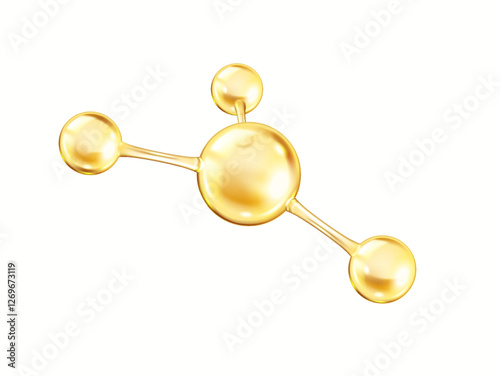 Fototapeta Naklejka Na Ścianę i Meble -  Golden collagen molecule structure shines realistic vector illustration. Chemical model consists from spheres 3d object on white background