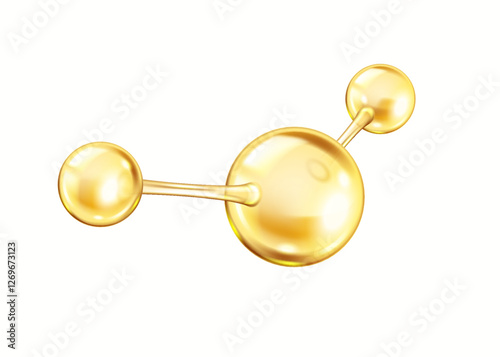 Rotating golden collagen molecule realistic vector illustration. Chemical structure from spheres for science 3d object on white background