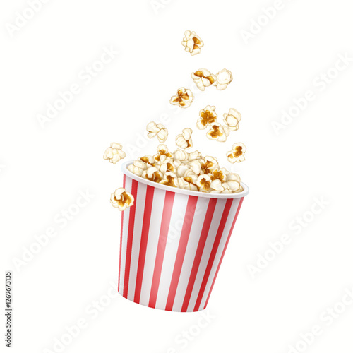 3D illustration of a red and white striped popcorn bucket with flying pieces. Symbol of movie theaters, cinema experiences, and entertainment, suitable for design and advertising.