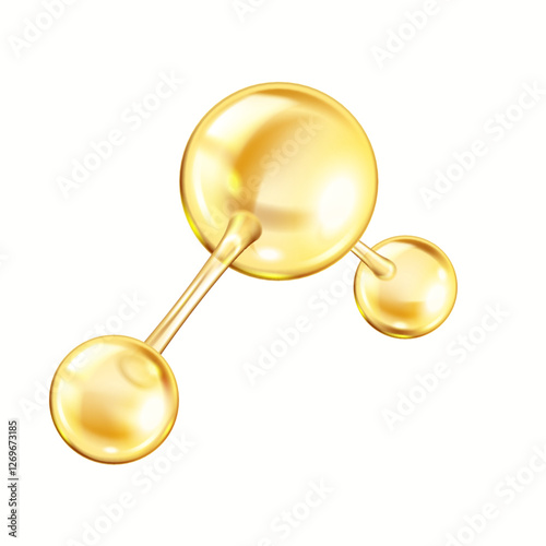 Shining golden collagen molecule structure realistic vector illustration. Model consists of spheres reflecting bonds 3d object on white