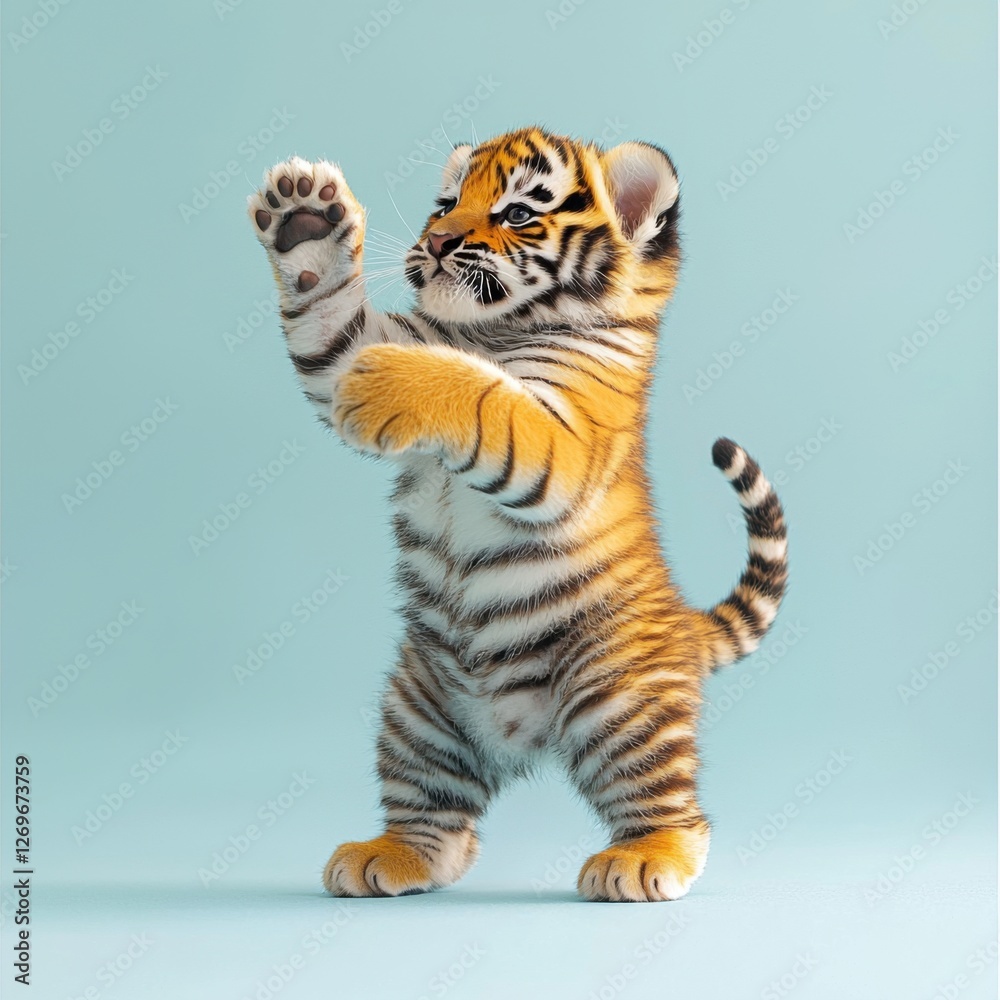 Fototapeta premium Playful Tiger Cub Raising Paw Against Soft Blue Background