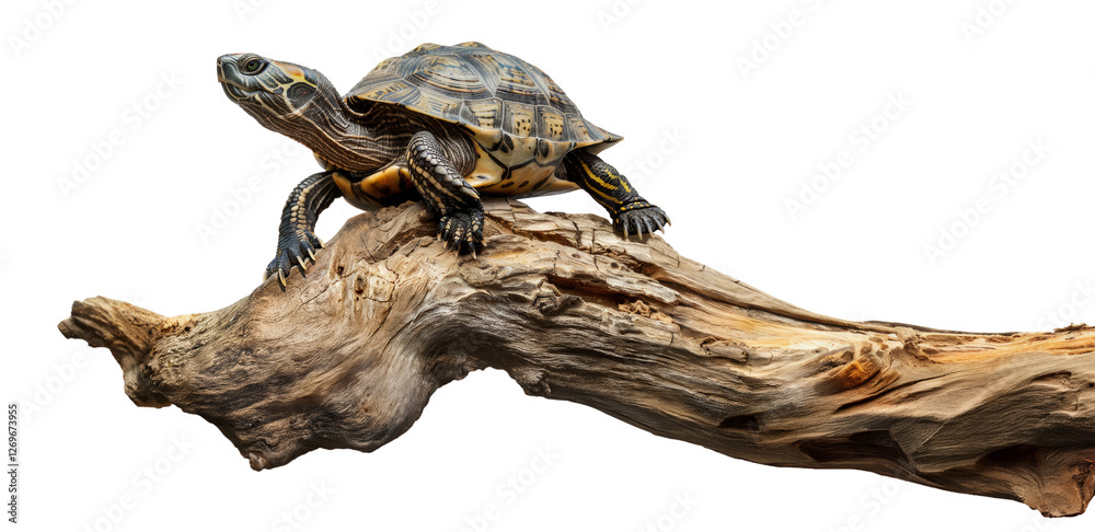 Naklejka premium A turtle with its neck raised realistically perched on a wood log that was old and decayed over time on a transparent background illustration,