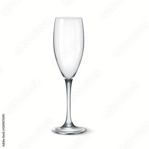 3D realistic illustration of a tall, slender champagne flute glass. Perfect for toasts, celebrations, and formal dining settings.