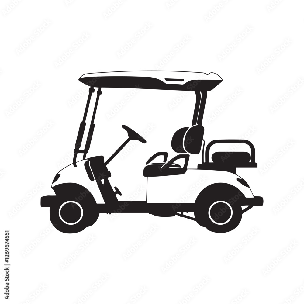 Golf cart, golf clubs, silhouette black and white Golf cart, golf clubs, silhouette black and white