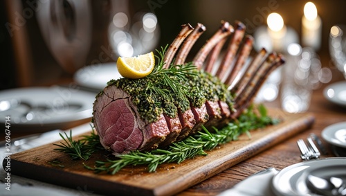 Fototapeta Naklejka Na Ścianę i Meble -  A succulent crown roast of lamb with aromatic herb crust, garnished with lemon and rosemary.