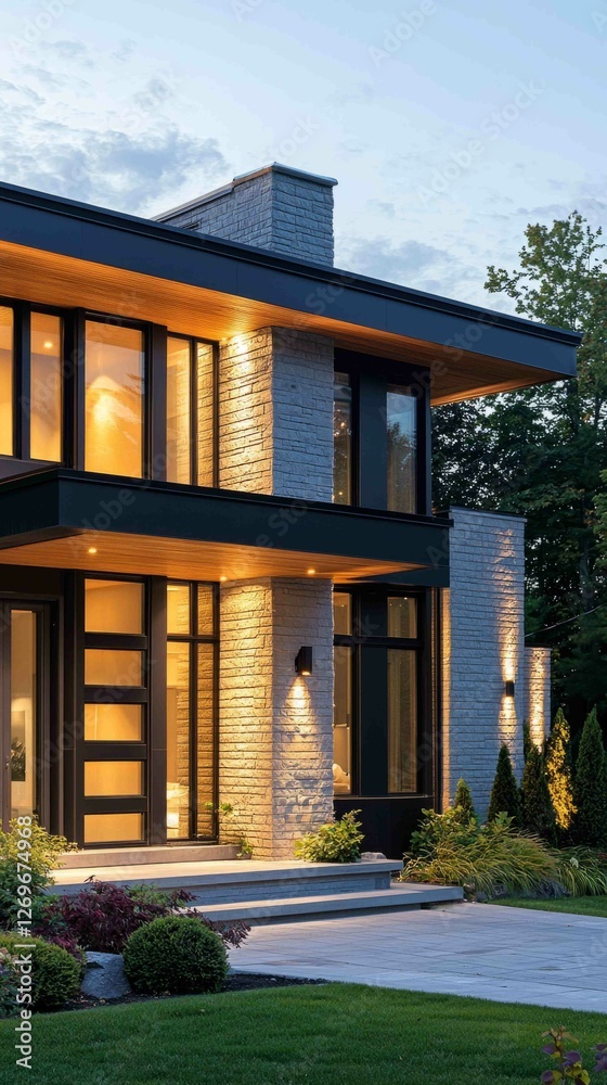 Obraz premium Dramatic Architectural Shot of Contemporary Home Exterior at Dusk