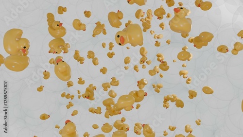 Rubber ducks rain on soap foam background